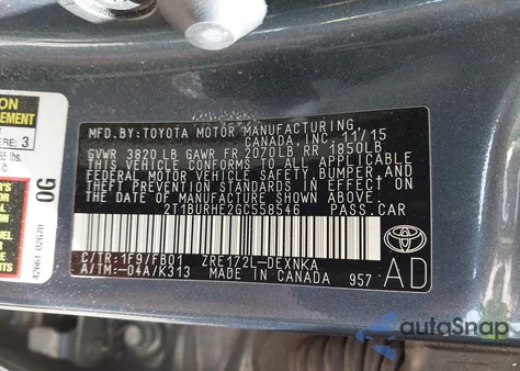 2016 Toyota Corolla Le from USA, damaged, VIN 2T1BURHE2GC558546